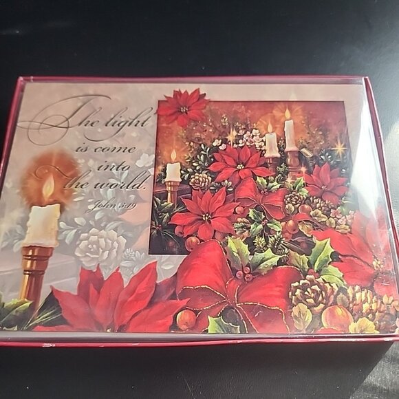 Lean'in Tree Christmas Cards poinsettia 10 With Envelopes boxed - Picture 1 of 5